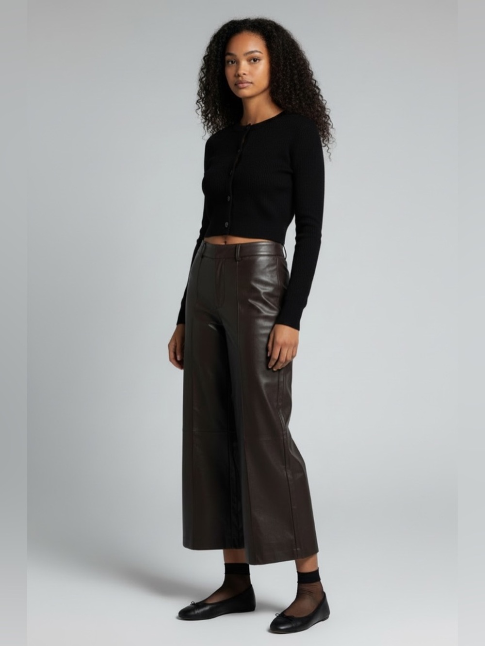 Zara Dark Brown Faux Leather Wide-Leg Ankle Pants Sz XS